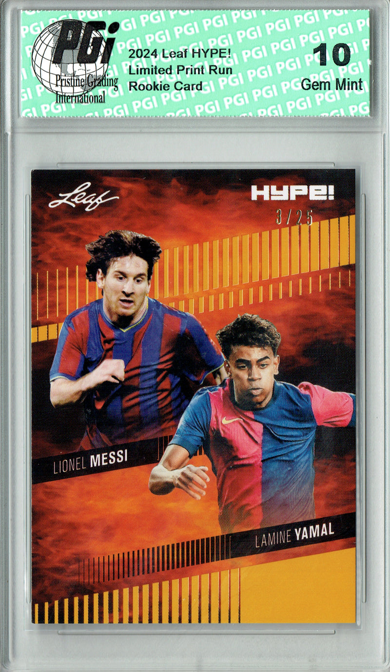 Lamine Yamal/Lionel Messi 2024 Leaf HYPE! #175 Gold SP 25 Made Rookie Card PGI 10