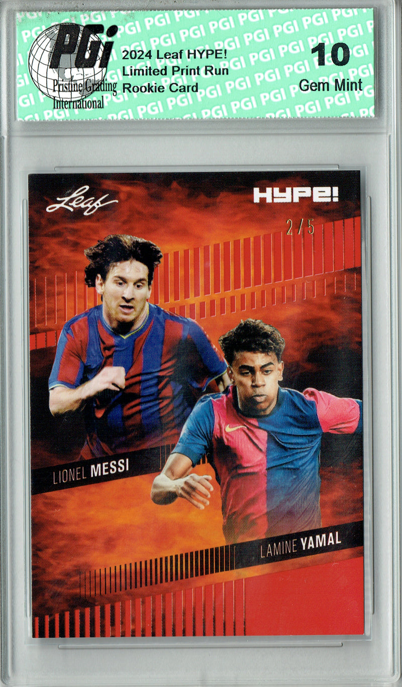 Lamine Yamal/Lionel Messi 2024 Leaf HYPE! #175 Red SP 5 Made Rookie Card PGI 10
