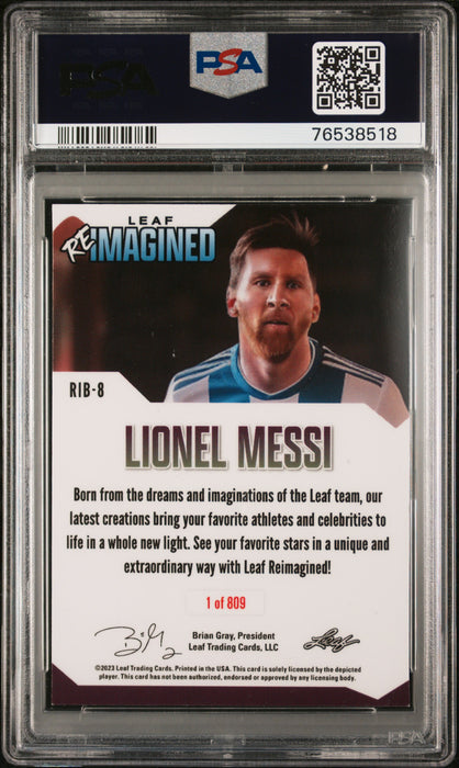 PSA 10 Lionel Messi 2023 Leaf #RIB8 Rare Trading Card Trophies Reimagined 1/809