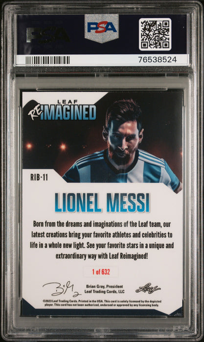 PSA 10 Lionel Messi 2023 Leaf RIB11 Rare Trading Card Trophies Reimagined 1/632