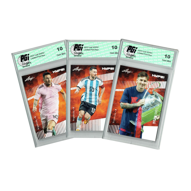Lionel Messi 2020-23 Leaf Hype! 3-Card Lot Argentina Barcelona Inter Miami Card PGI 10
