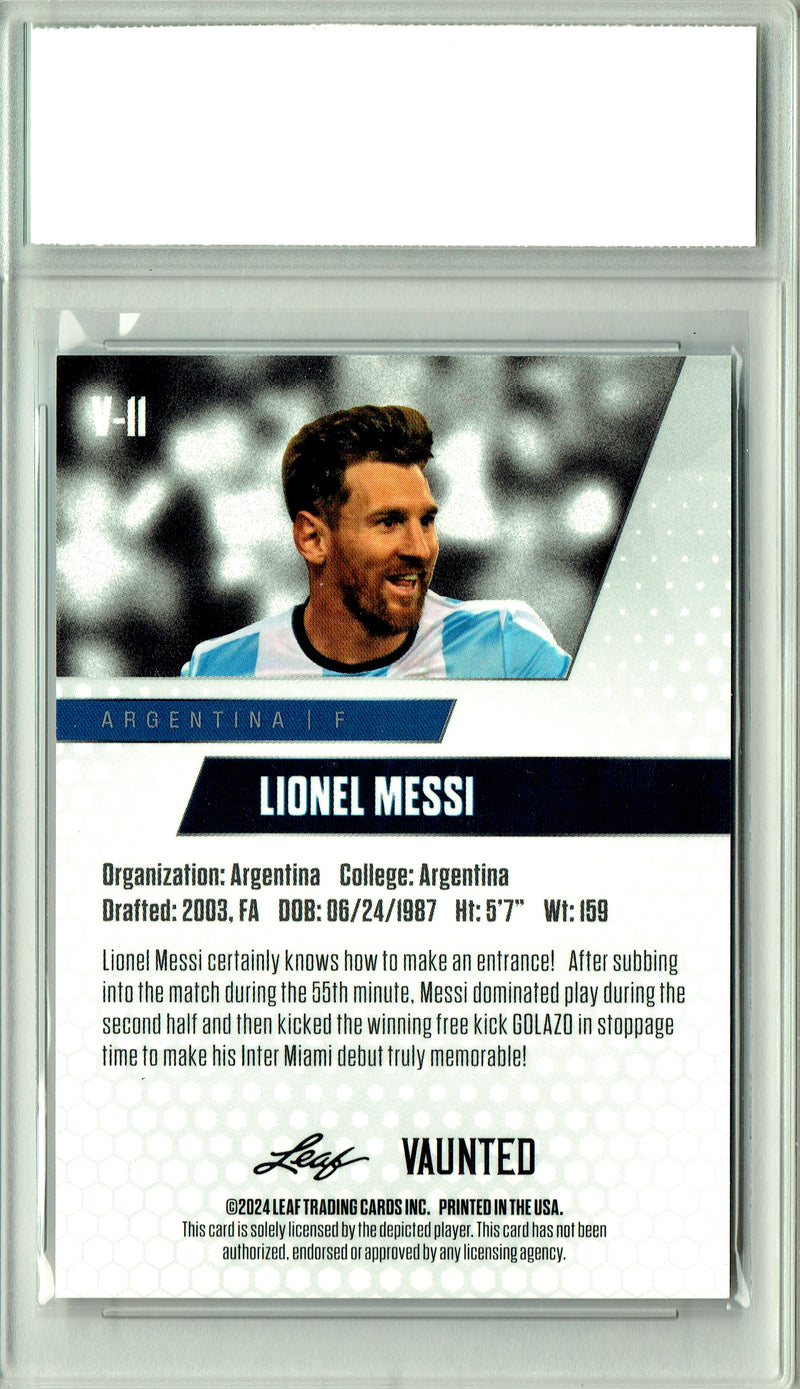 Lionel Messi Trading Card 2024 Leaf Vaunted #V-11 1/1 Orange Shimmer, PGI 10, Inter Miami Soccer