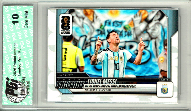 Lionel Messi Trading Card 2026 Panini Instant #196 Landmark Goal, PGI 10, Argentina Soccer