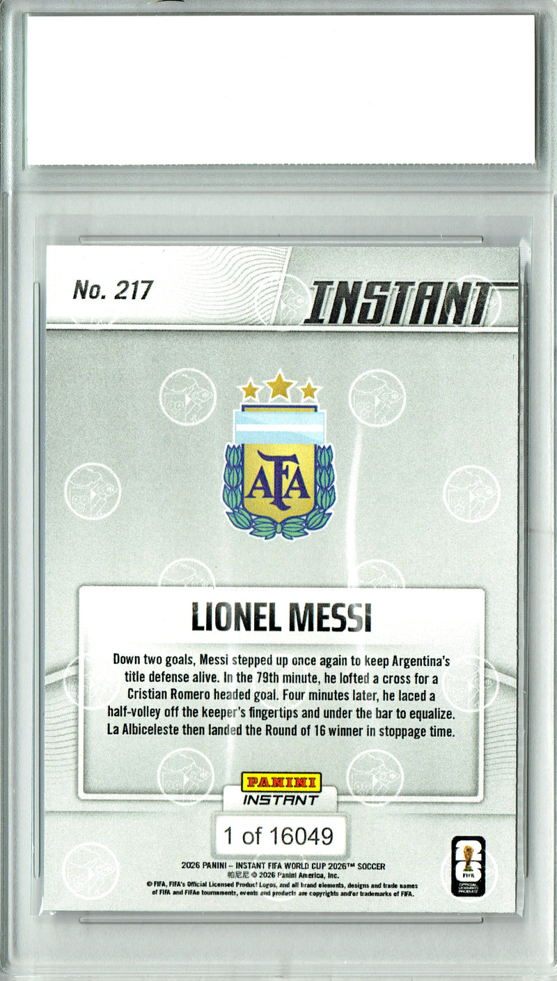 Lionel Messi Trading Card 2026 Panini Instant #217 Orchestrates Epic Comeback, Certified Mint+ Condition, Argentina Soccer