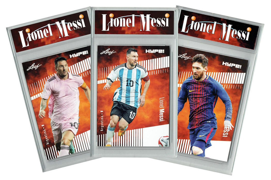 3) Certified Mint+ Lionel Messi 2020-23 Leaf Hype! Argentina, Barcelona, Inter Miami Card Lot
