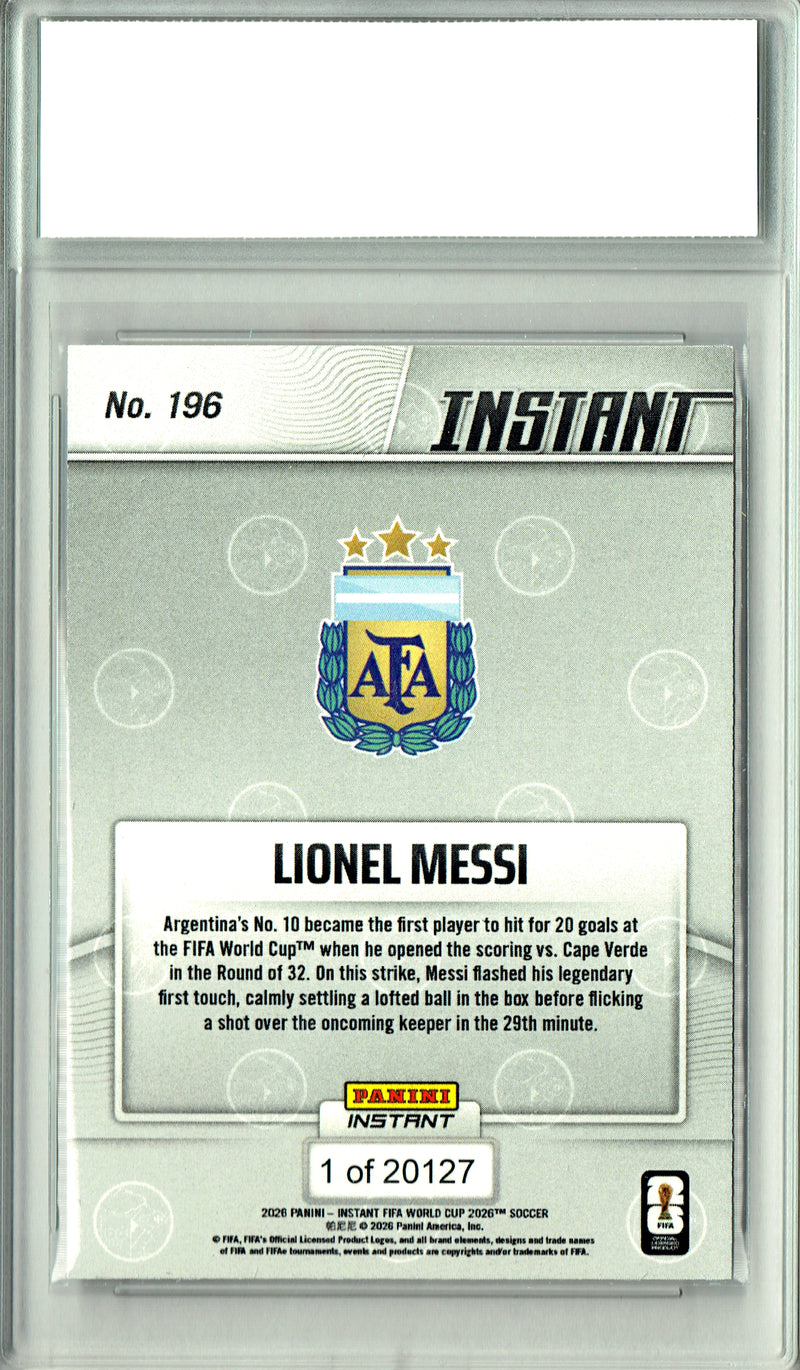 Lionel Messi Trading Card 2026 Panini Instant #196 Landmark Goal, PGI 10, Argentina Soccer