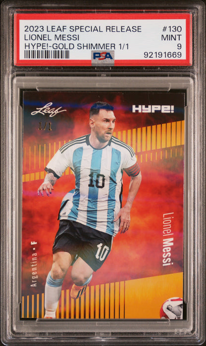 PSA 9 Lionel Messi 2023 Leaf Hype! #130 Gold Shimmer 1/1 Rare Trading Card