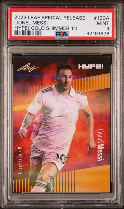 PSA 9 Lionel Messi 2023 Leaf Hype! #130A Gold Shimmer 1/1 Rare Trading Card