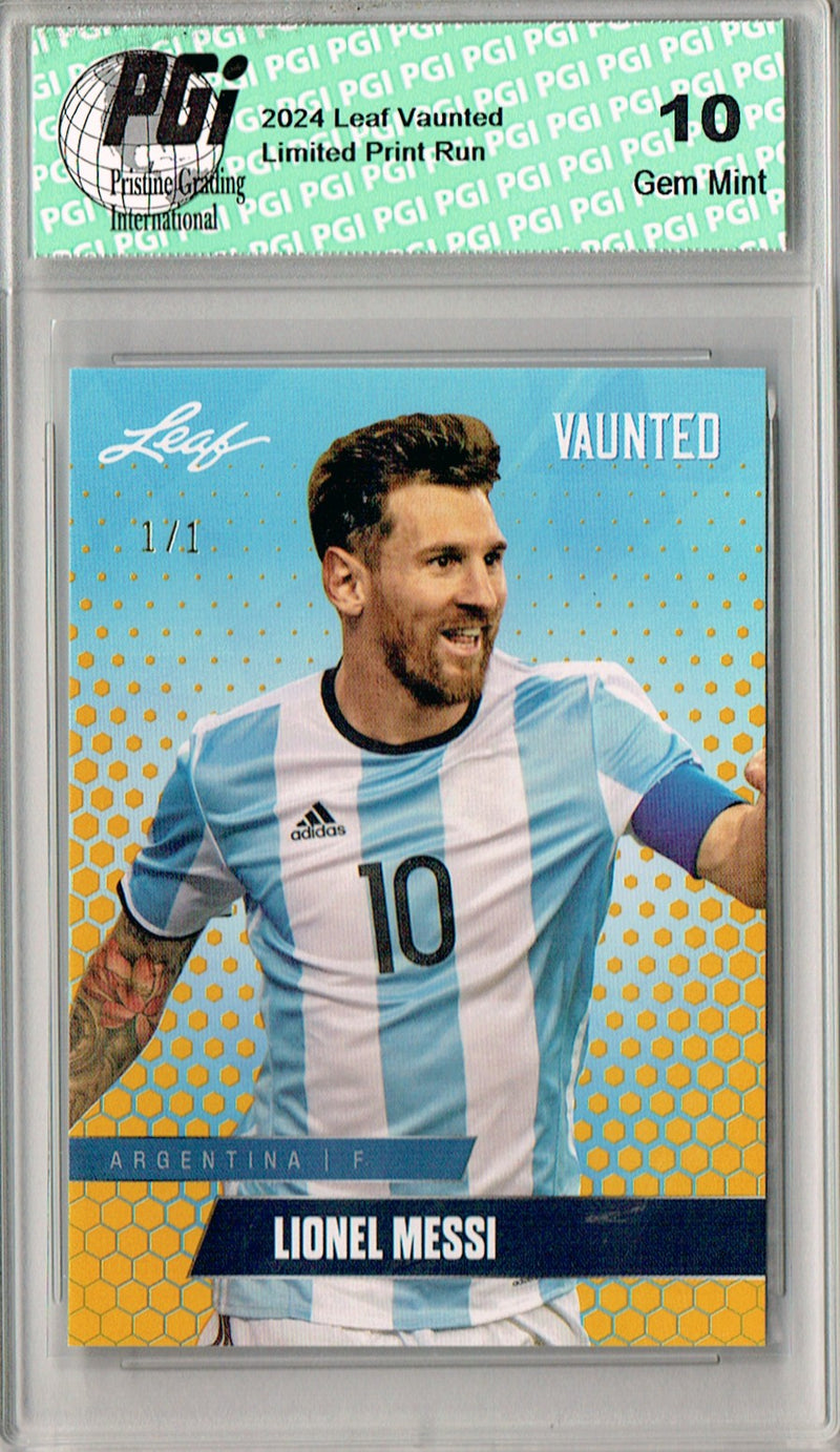 Lionel Messi 2025 Leaf Vaunted #V-11 Gold Blank Back 1/1 Rookie Card PGI 10