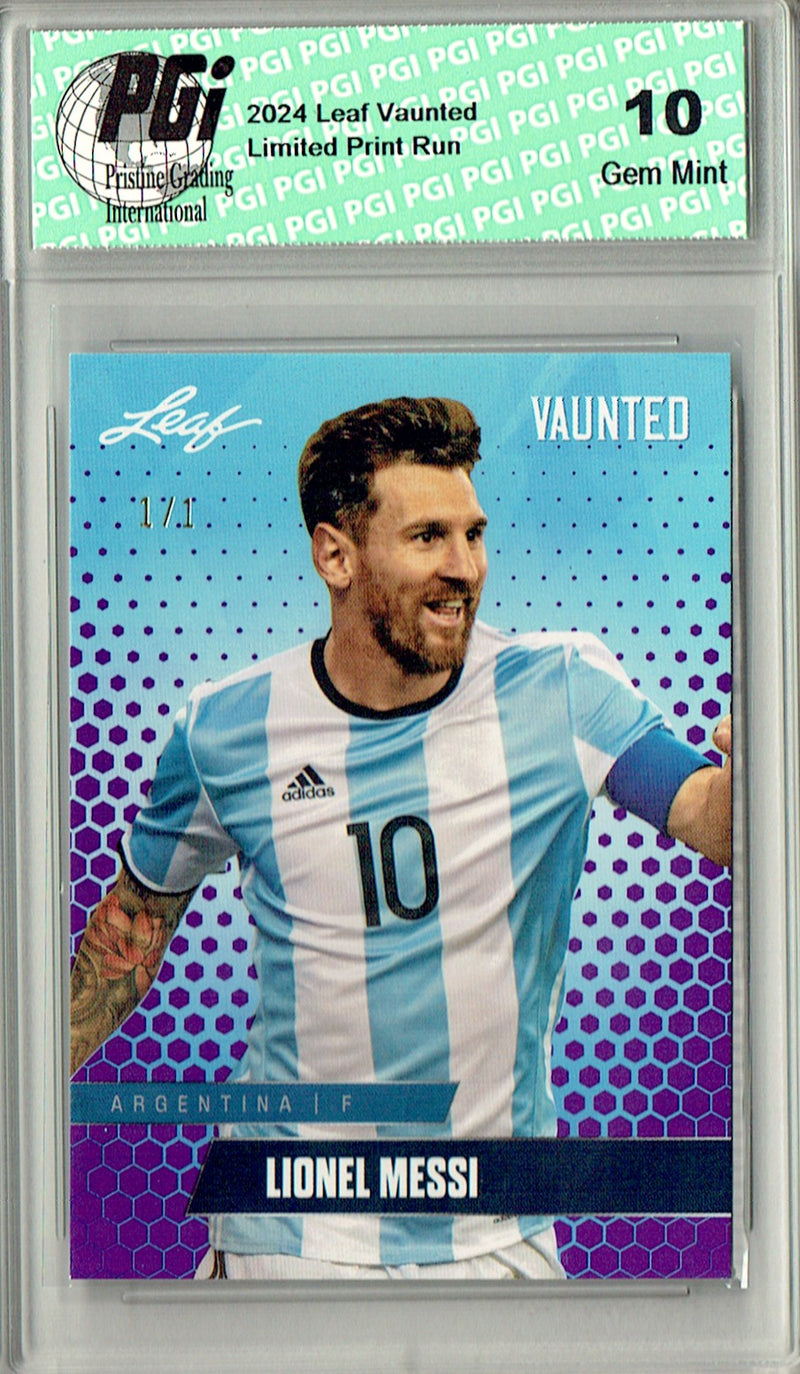 Lionel Messi 2025 Leaf Vaunted #V-11 Purple Blank Back 1/1 Rookie Card PGI 10