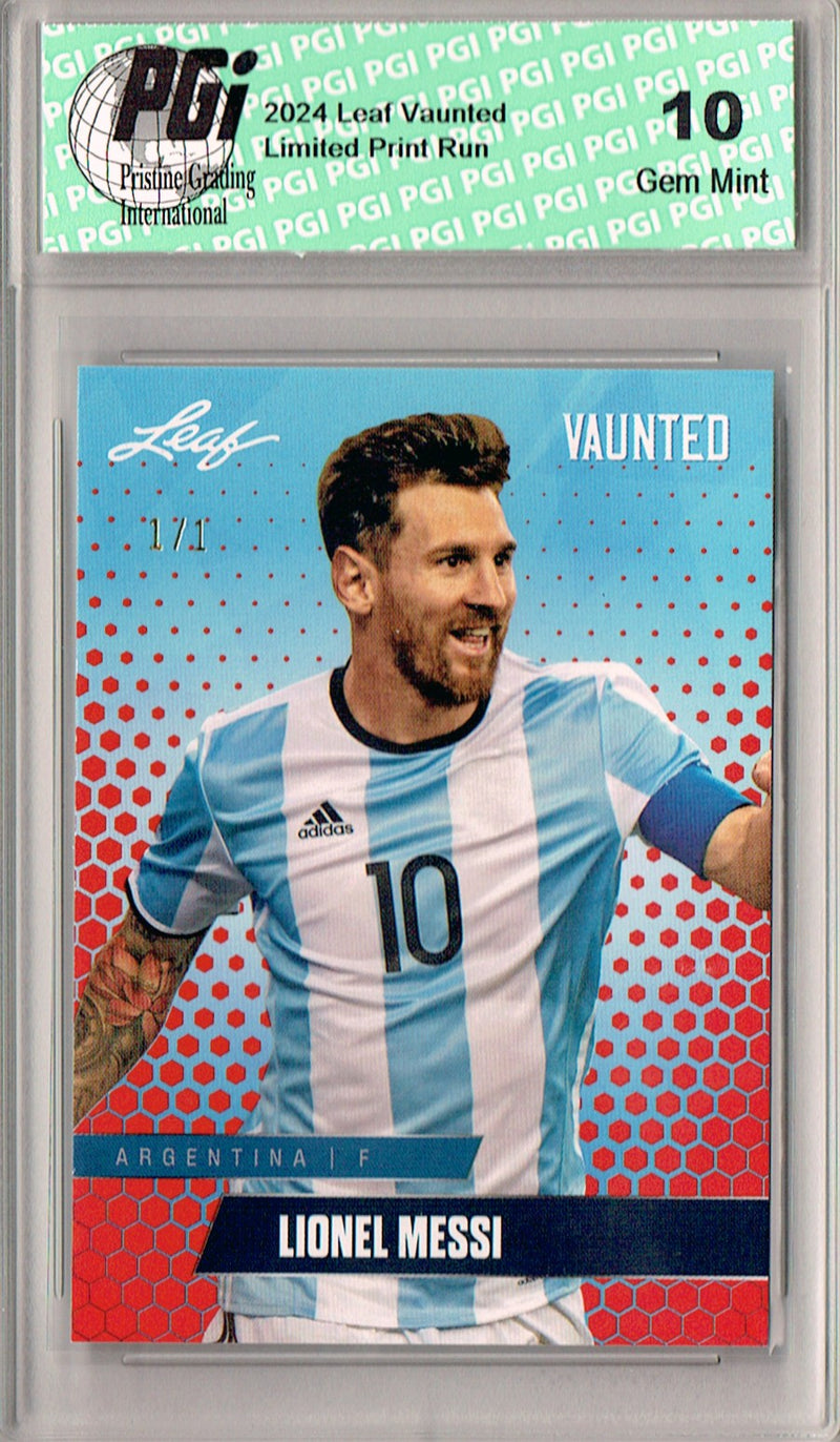 Lionel Messi 2025 Leaf Vaunted #V-11 Red Blank Back 1/1 Rookie Card PGI 10