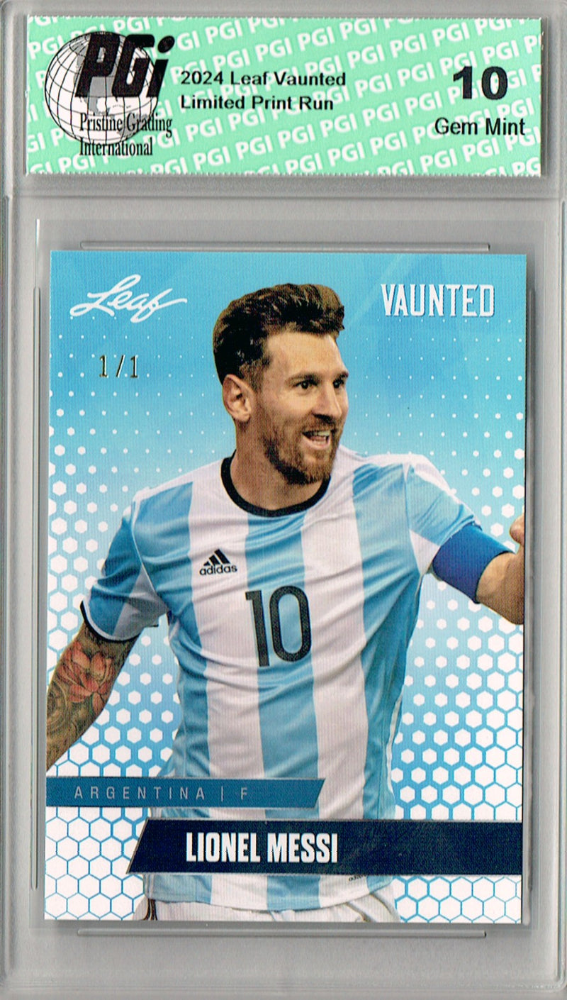 Lionel Messi 2025 Leaf Vaunted #V-11 White Blank Back 1/1 Rookie Card PGI 10