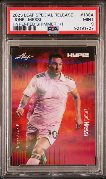 PSA 9 Lionel Messi 2023 Leaf Hype! #130A Red Shimmer 1/1 Rare Trading Card