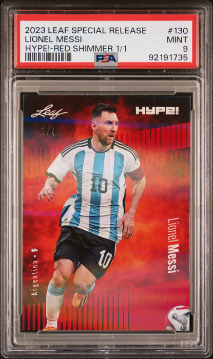 PSA 9 Lionel Messi 2023 Leaf Hype! #130 Red Shimmer 1/1 Rare Trading Card