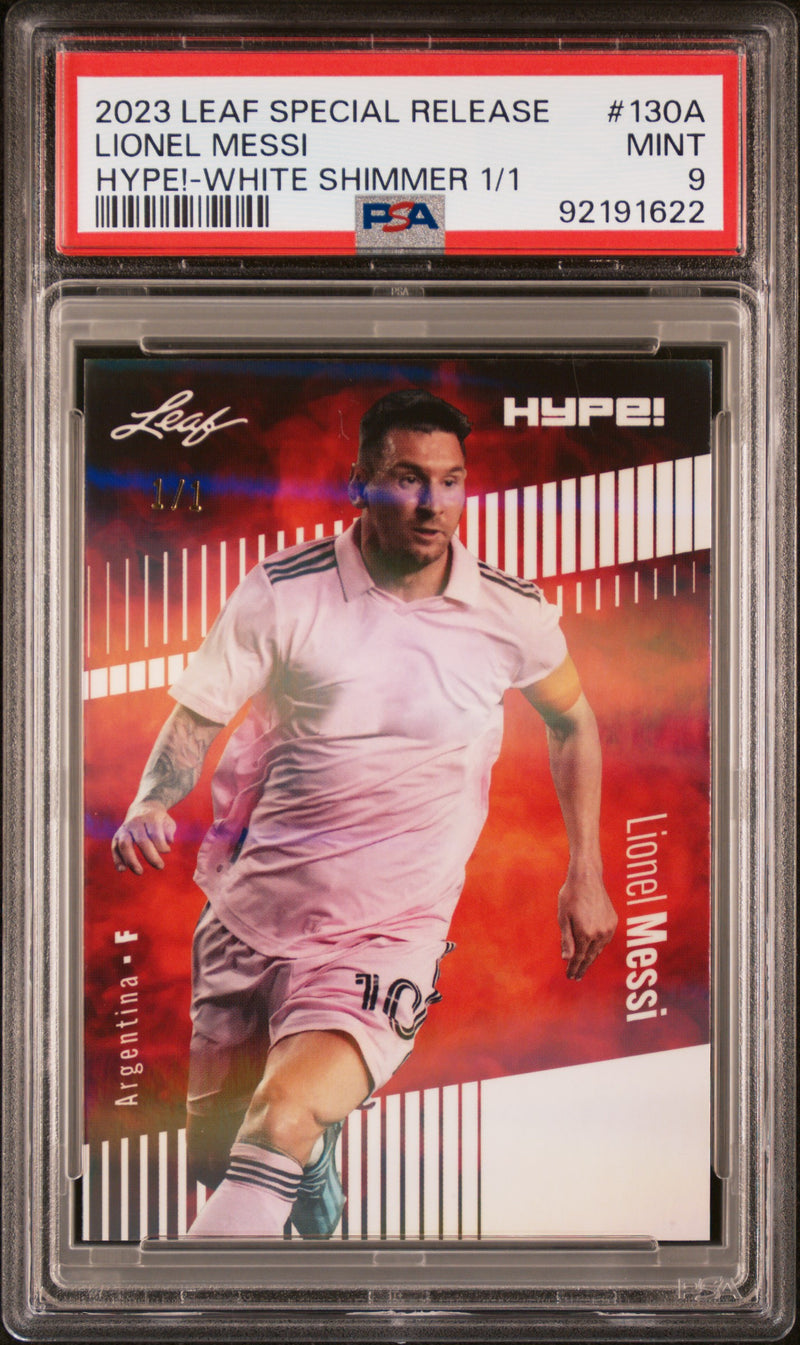 PSA 9 Lionel Messi 2023 Leaf HYPE #130A White Shimmer 1/1 Rare Trading Card Argentina
