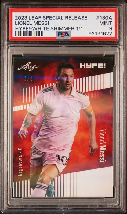 PSA 9 Lionel Messi 2023 Leaf Hype! #130A White Shimmer 1/1 Rare Trading Card