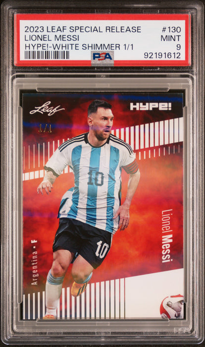 PSA 9 Lionel Messi 2023 Leaf Hype! #130 White Shimmer 1/1 Rare Trading Card