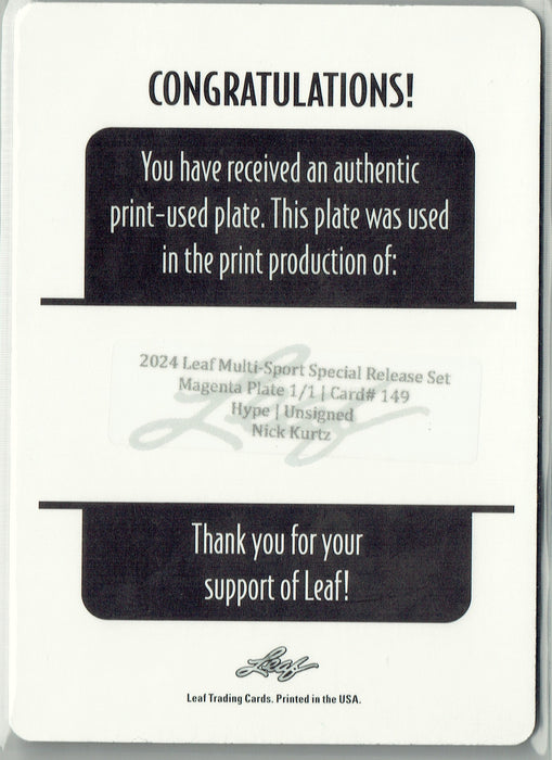 Mint Nick Kurtz 2024 Leaf HYPE! #149 Magenta 1/1 Printing Plate Rookie Card