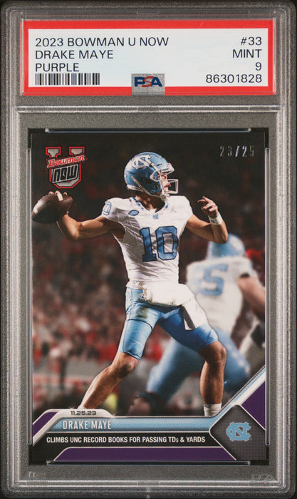 PSA 9 Drake Maye 2023 Bowman University Now #33 Purple SP #23/25 Rookie Card