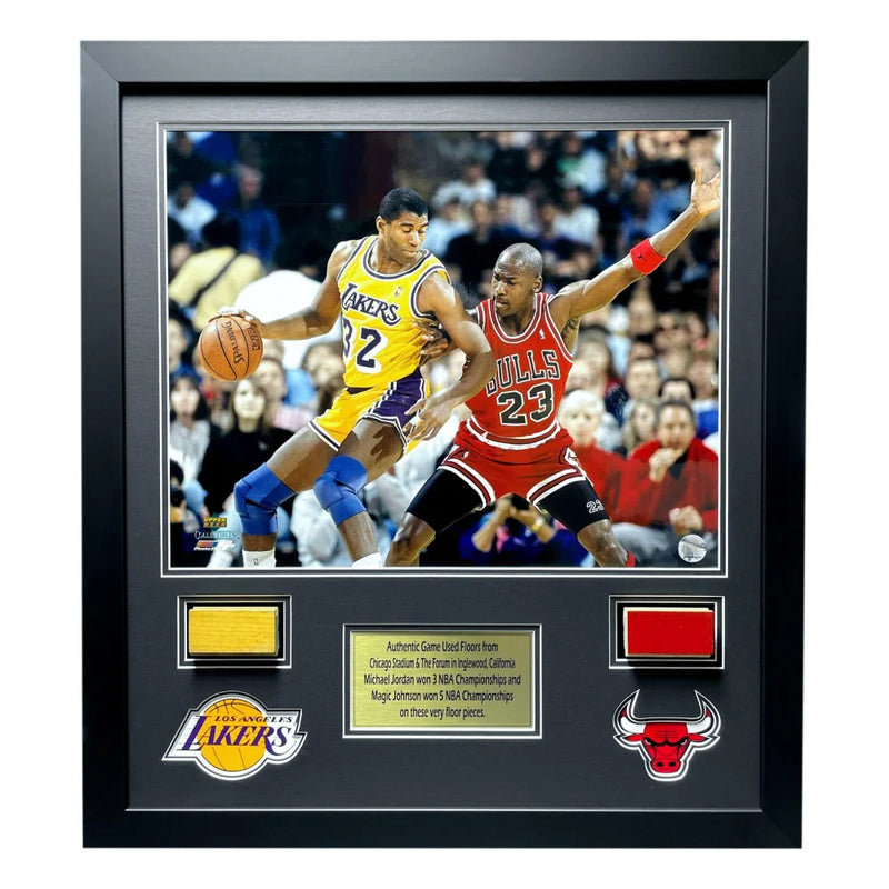 Michael Jordan / Magic Johnson Authentic Game Used Chicago Bulls LA Lakers Floors Framed Team Coas