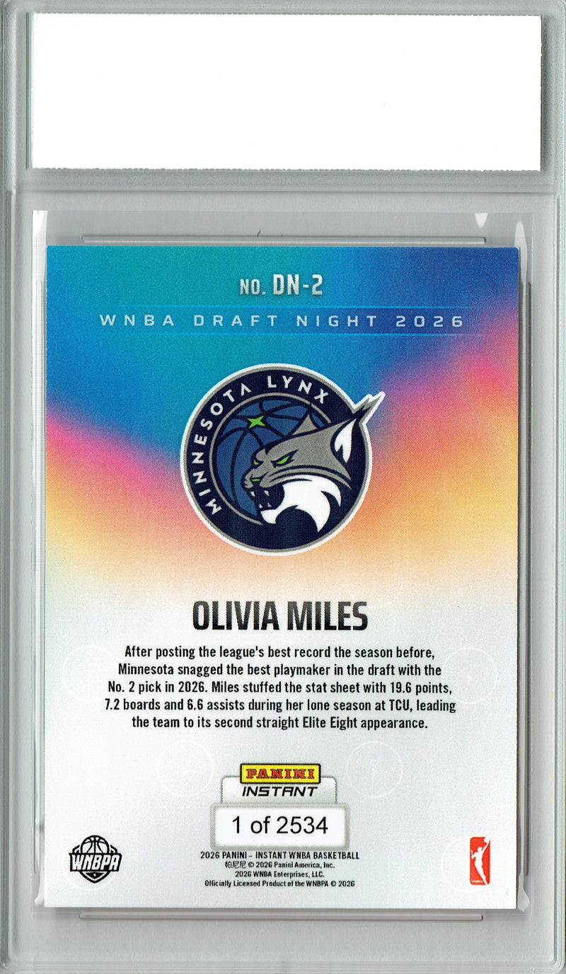 Olivia Miles Rookie Card Minnesota Lynx 2026 WNBA Draft Night #DN-2 1 of 2534 PGI 10 Gem Mint Trading Card