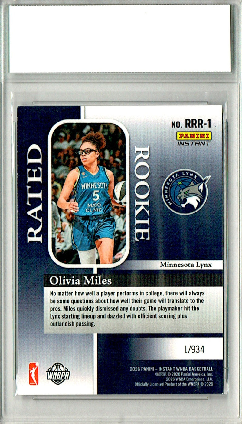 Olivia Miles Rookie Card 2026 Panini Instant #RRR-1 Rated Rookie, PGI 10, Minnesota Lynx Basketball