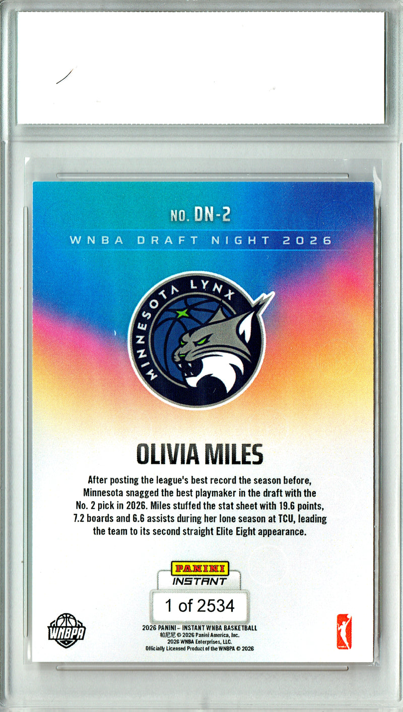Olivia Miles Rookie Card 2026 Panini Instant #DN-2 Draft Night PRISTINE, PGI 10, Minnesota Lynx Basketball