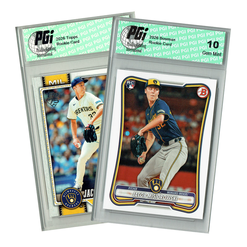 Jacob Misiorowski 2026 Topps #10 & 2026 Bowman #35 Rookie Card 2-Pack, Grade PGI 10, Milwaukee Brewers Rookie Phenom