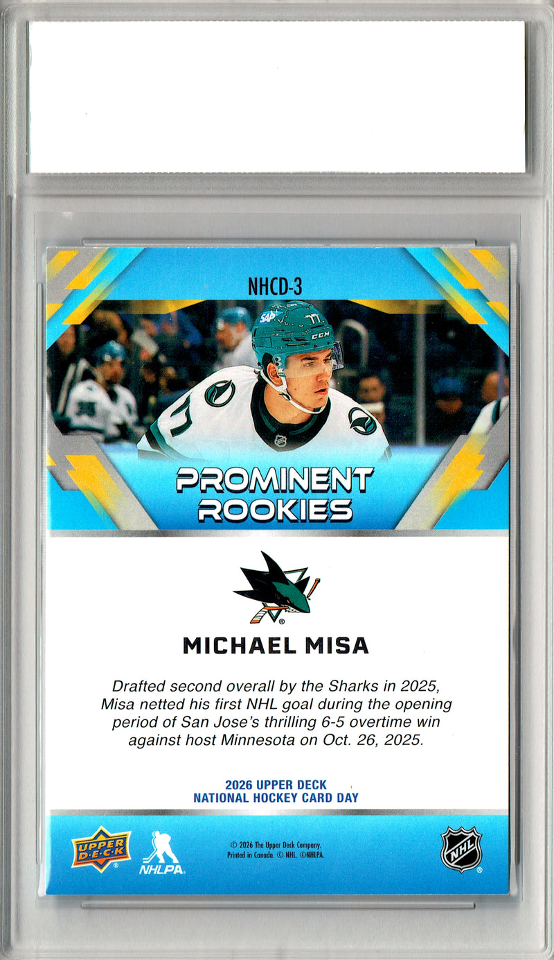Michael Misa Rookie Card 2026 Upper Deck #NHCD-3 National Hockey Card Day, Certified Mint+ Condition, San Jose Sharks Hockey