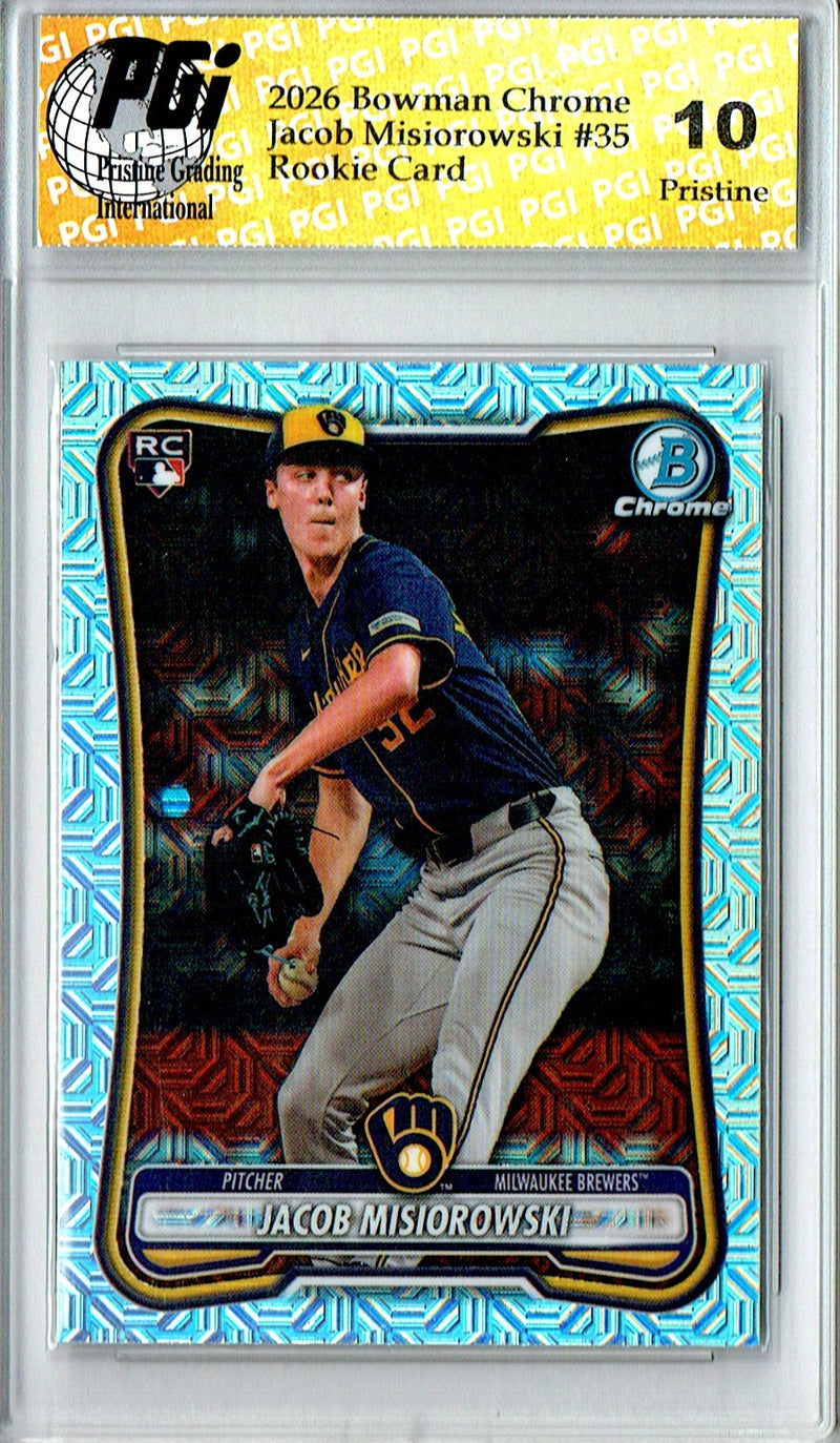 Jacob Misiorowski Rookie Card 2026 Bowman Chrome #35 PRISTINE Mega Ref, PGI 10, Milwaukee Brewers Baseball