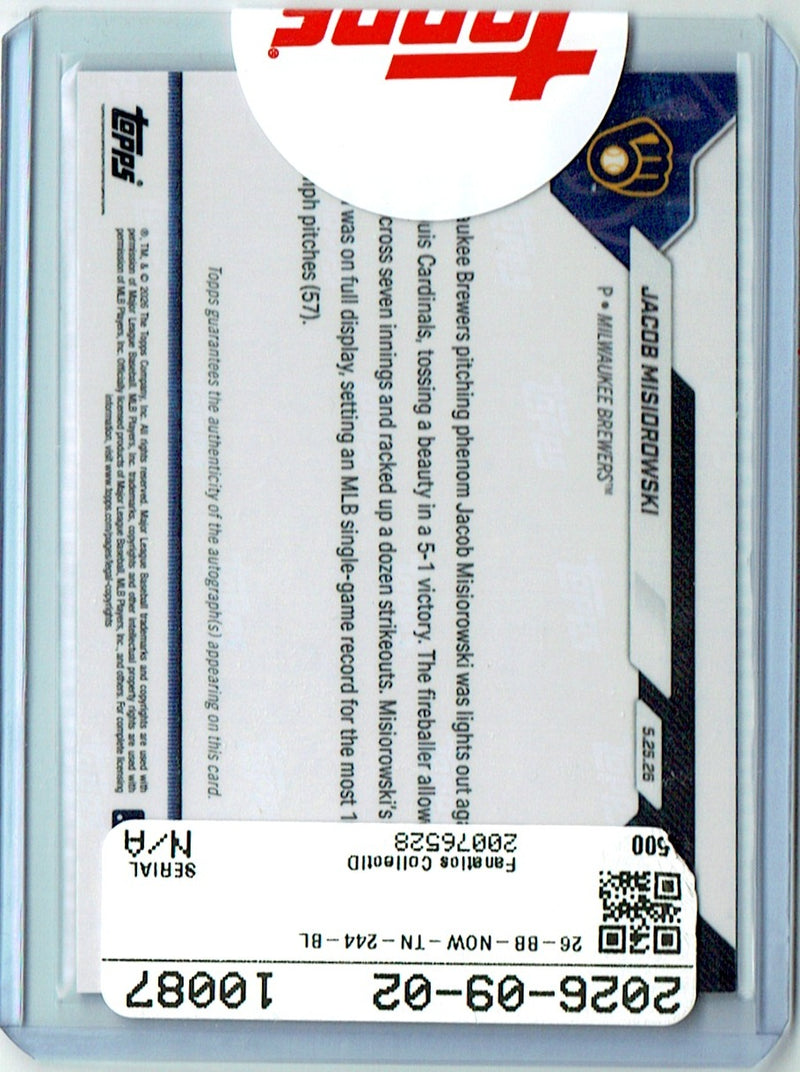 Jacob Misiorowski Rookie Card 2026 Topps Now #244-A Black Auto #10/10, Mint Condition, Milwaukee Brewers Baseball