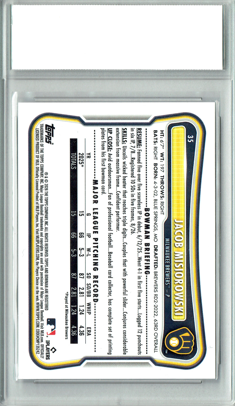 Jacob Misiorowski Rookie Card 2026 Bowman #35 PRISTINE, PGI 10, Milwaukee Brewers Baseball