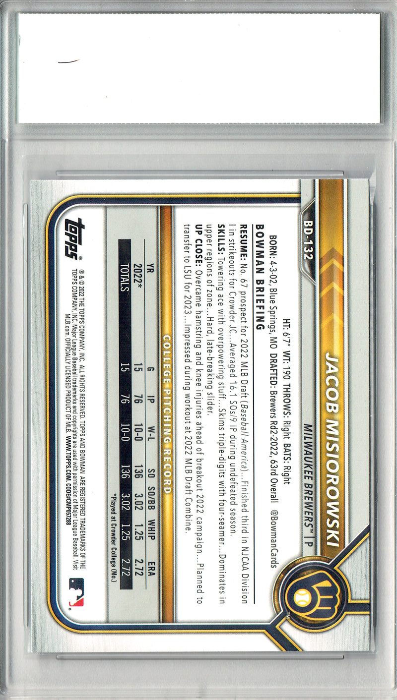 Jacob Misiorowski Rookie Card 2022 Bowman Draft #BD-132 PRISTINE, PGI 10, Milwaukee Brewers Baseball