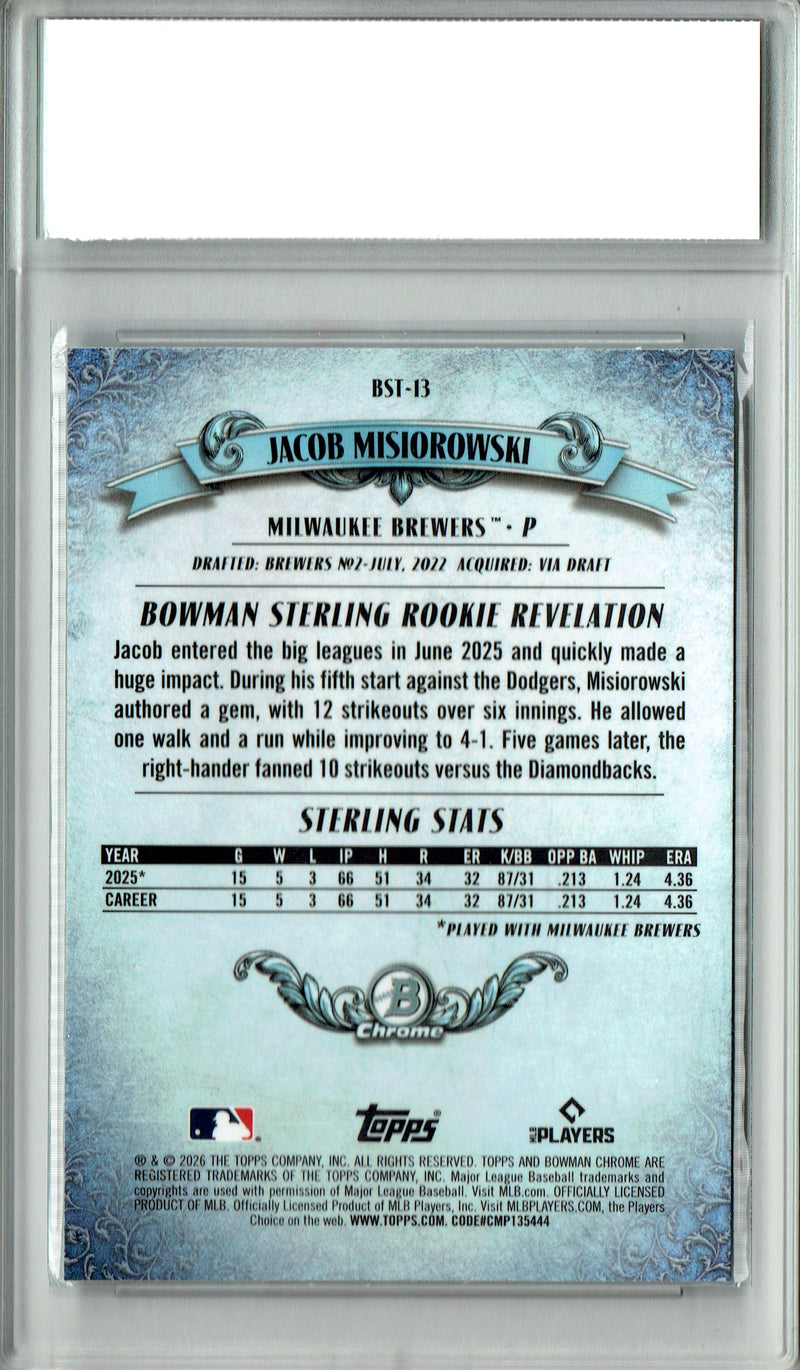 Jacob Misiorowski Rookie Card 2026 Bowman Sterling #BST-13 PRISTINE, PGI 10, Milwaukee Brewers Baseball