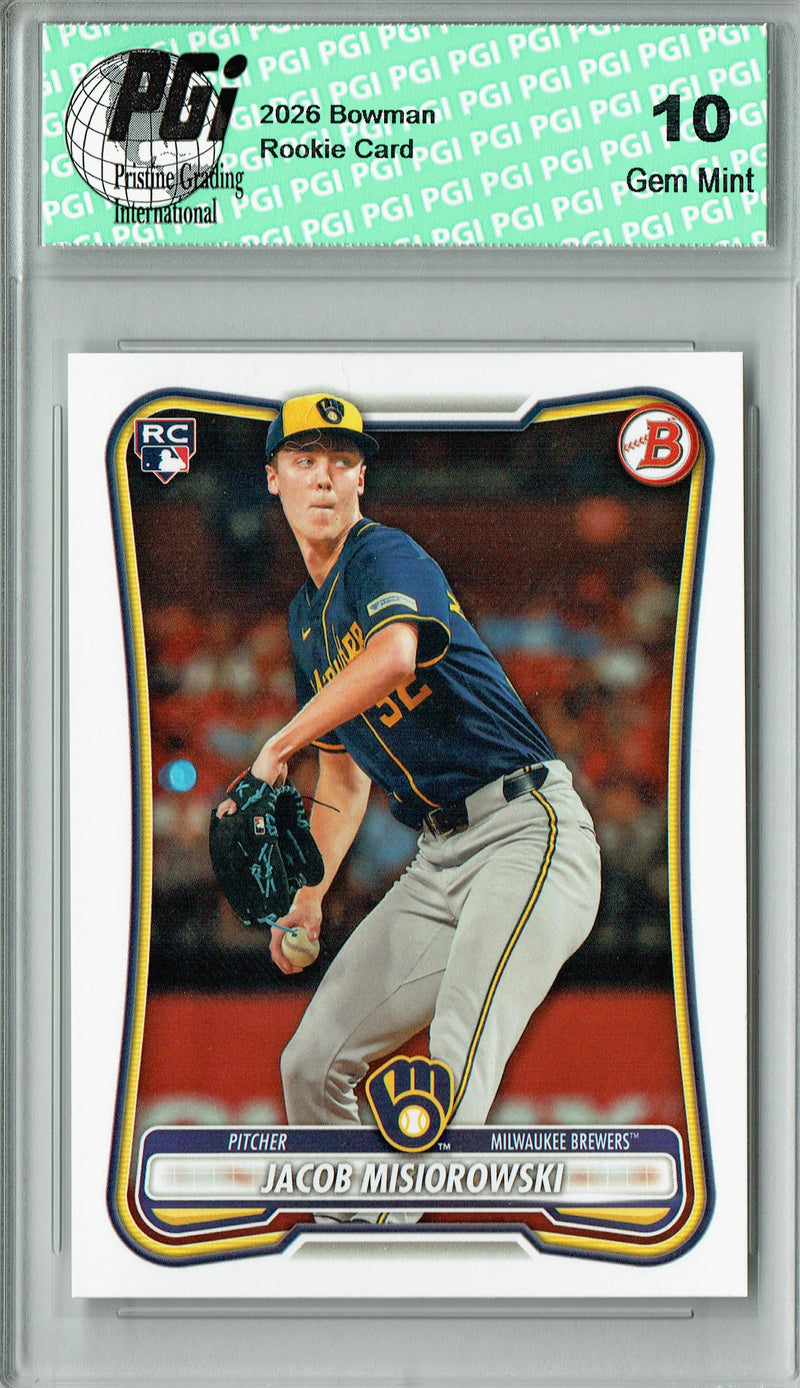 Jacob Misiorowski 2026 Topps #10 & 2026 Bowman #35 Rookie Card 2-Pack, Grade PGI 10, Milwaukee Brewers Rookie Phenom