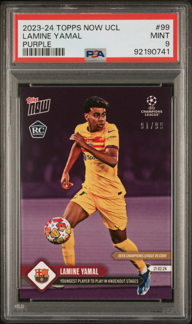 PSA 9 Lamine Yamal 2023 Topps Now #99 Purple SP #91/99 Rookie Card Barcelona F.C.