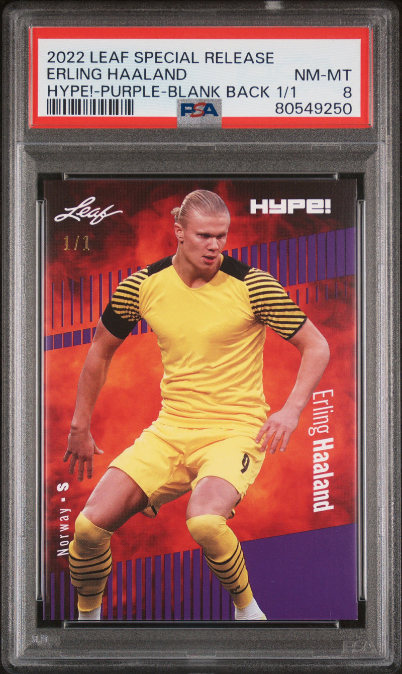 PSA 8 Erling Haaland 2022 Leaf Hype! #94 Purple Blank Back 1/1 Rare Card