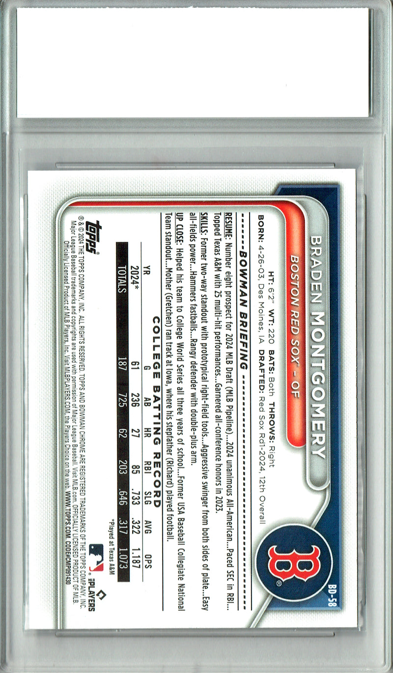 Braden Montgomery Rookie Card 2024 Bowman Draft #BD-58 PRISTINE, PGI 10, Boston Red Sox Baseball