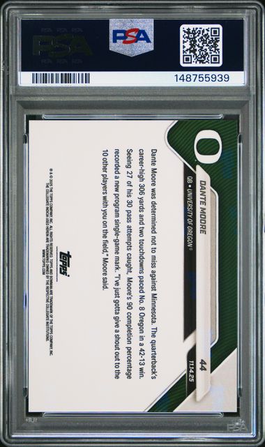 PSA 9 Dante Moore 2025 Bowman University Now #44 Orange Foil #15/25 Rookie Card Oregon Ducks