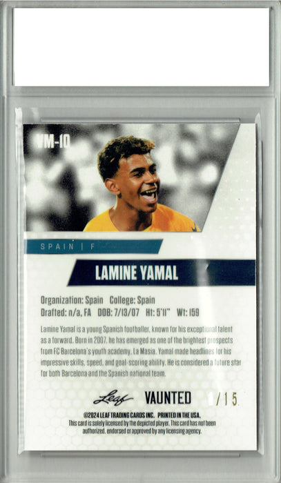 Lamine Yamal 2024 Leaf Vaunted Metal #VM-10 Purple 15 Made Rookie Card PGI 10
