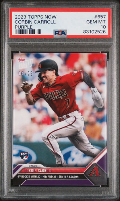 PSA 10 GEM-MT Corbin Carroll 2023 Topps Now #657 Rookie Card Purple 5/25