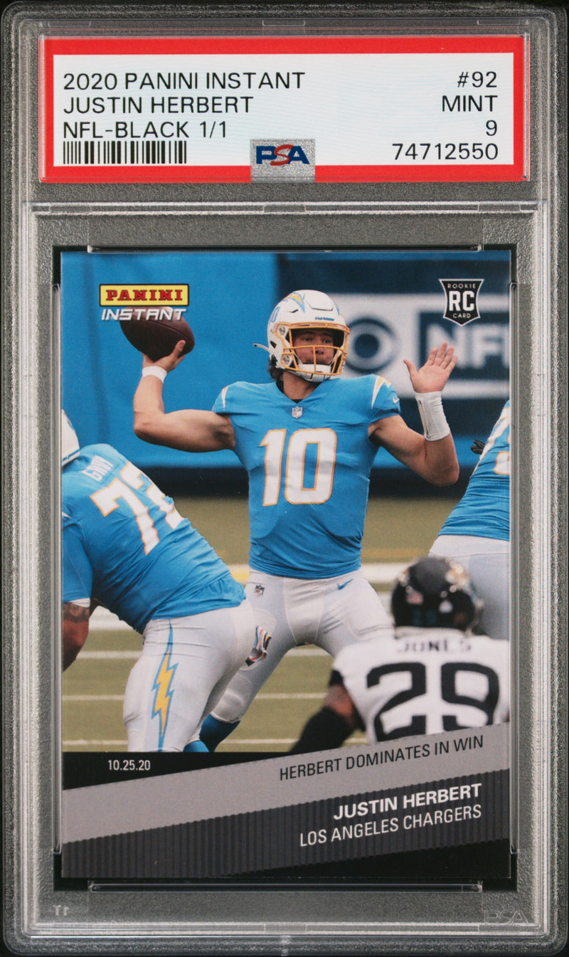 PSA 9 MINT Justin Herbert 2020 Panini Instant #92 Rookie Card Black 1/1 Dominates