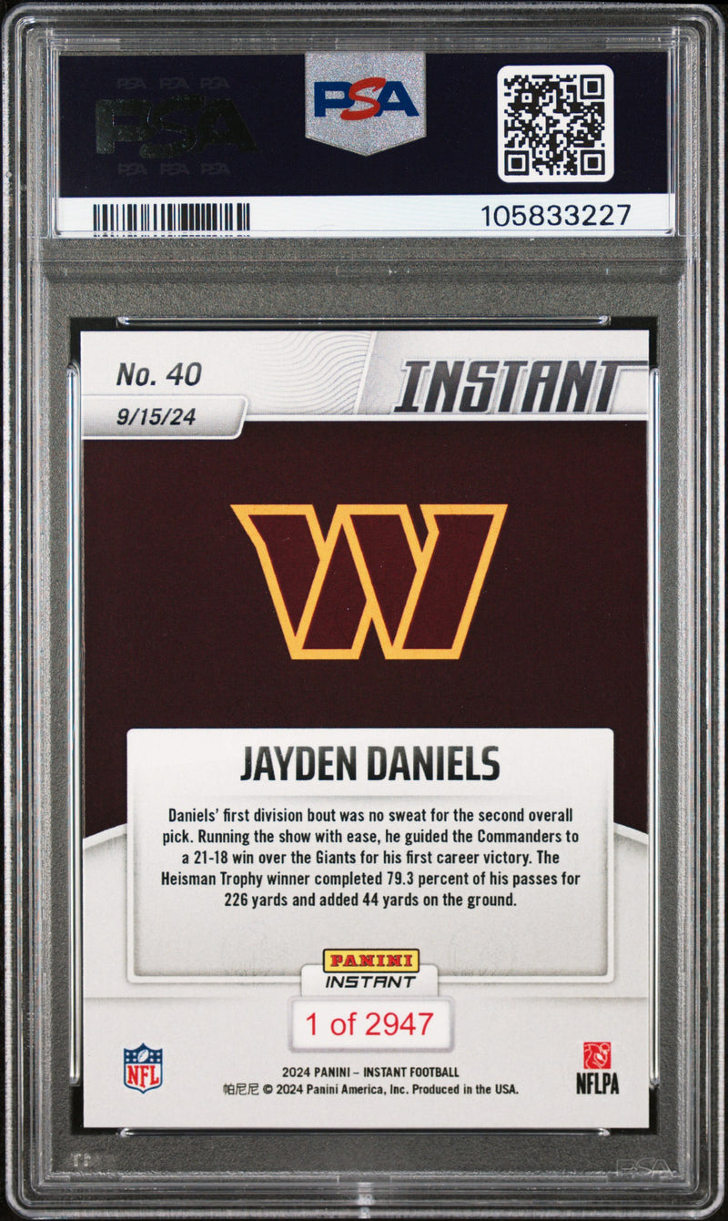 PSA 10 Jayden Daniels 2024 Panini Instant #40 First Career Win Rookie Card Washington Commanders