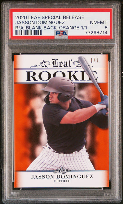 Jasson Dominguez 2020 Leaf Exclusive #1 Rookie Card Blank Back-Orange 1/1 PSA NM-MT 8 (Near Mint-Mint)