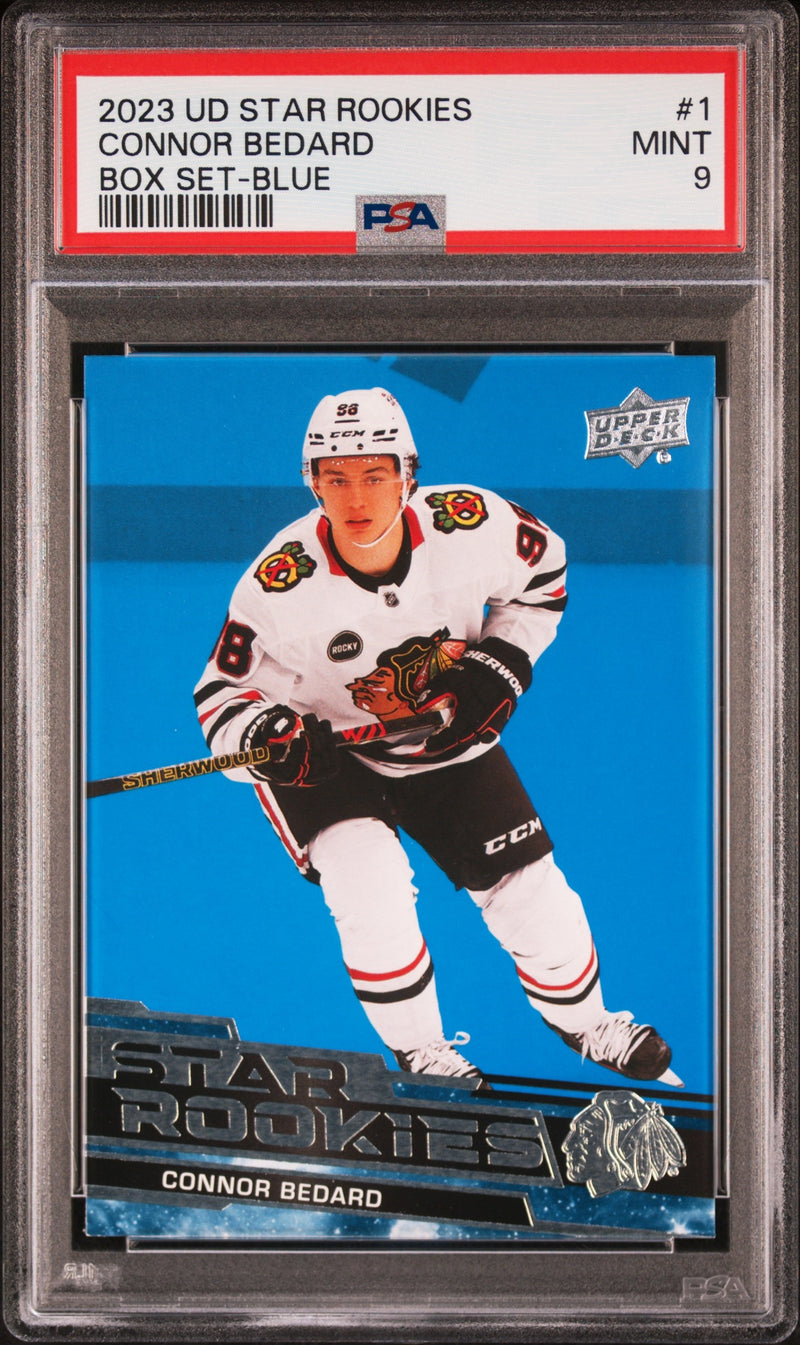 PSA 9 Connor Bedard 2023 Upper Deck #1 Star Rookies Blue SP Rookie Card Chicago Blackhawks