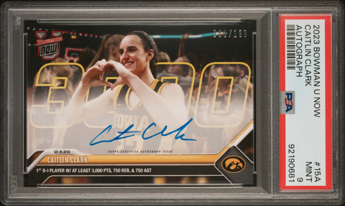 PSA 9 Caitlin Clark 2023 Bowman University Now #15A Auto #60/99 Rookie Card
