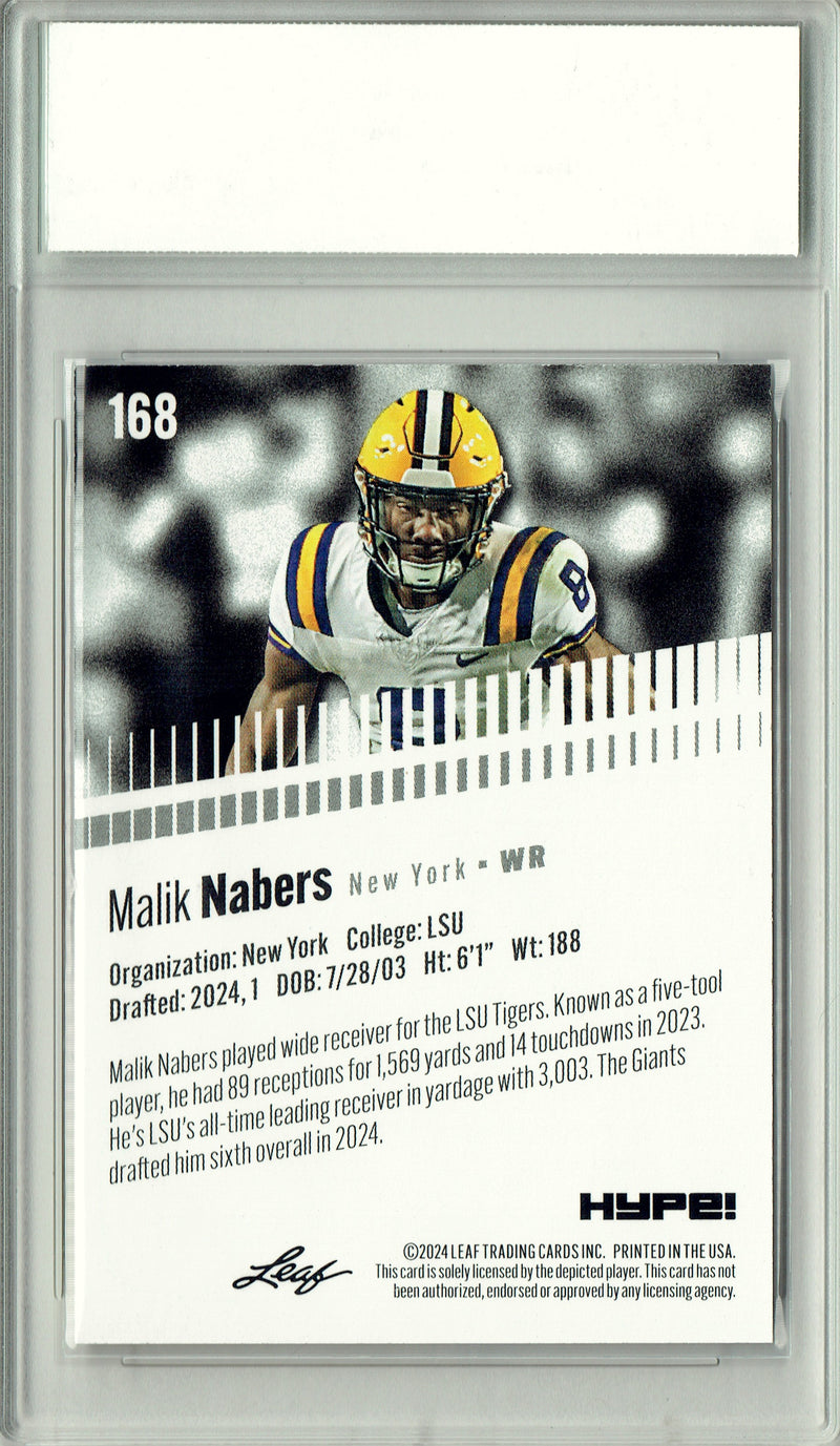 Malik Nabers Rookie Card New York PGI 10 Gem Mint Football Trading Card 2024 Leaf HYPE! #168 Masterpiece 1 of 1