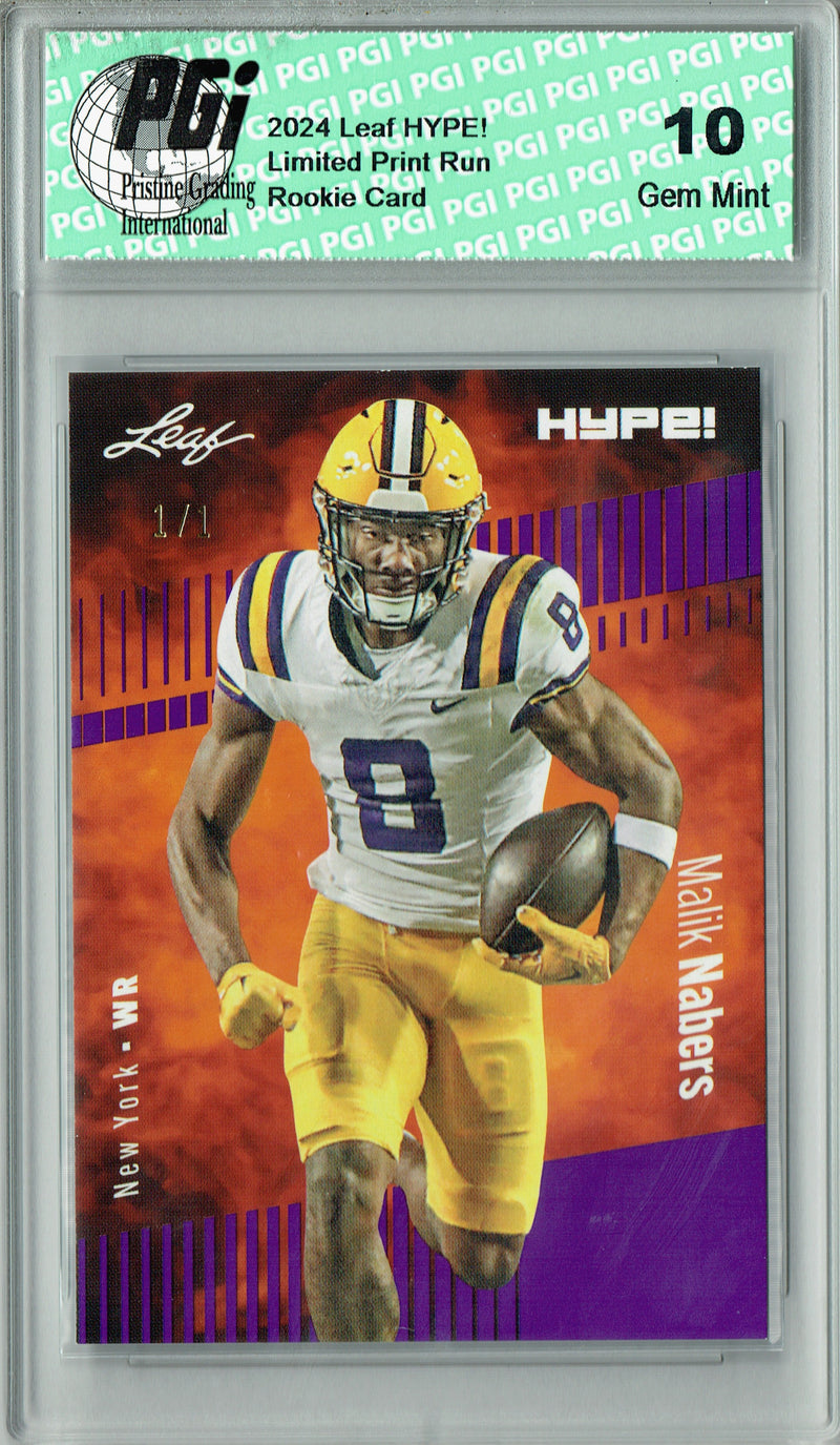 Malik Nabers Rookie Card New York PGI 10 Gem Mint Football Trading Card 2024 Leaf HYPE! #168 Purple Blank Back 1/1