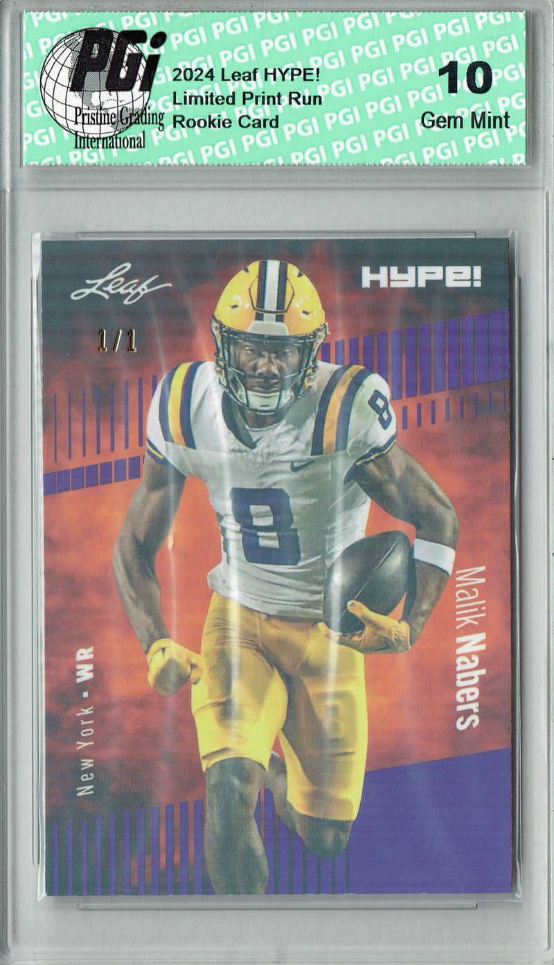 Malik Nabers Rookie Card New York PGI 10 Gem Mint Football Trading Card 2024 Leaf HYPE! #168 Purple Shimmer 1/1