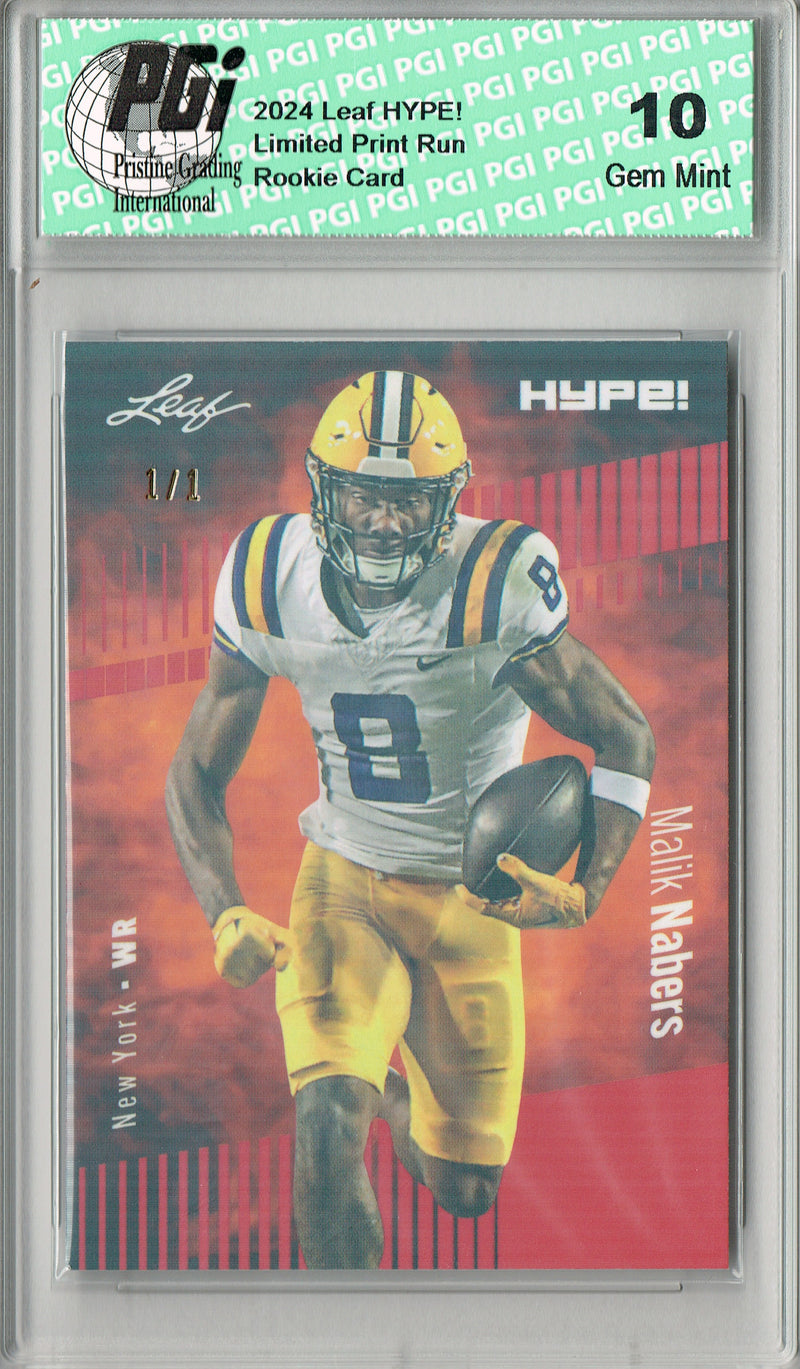 Malik Nabers Rookie Card New York PGI 10 Gem Mint Football Trading Card 2024 Leaf HYPE! #168 Red Shimmer 1/1